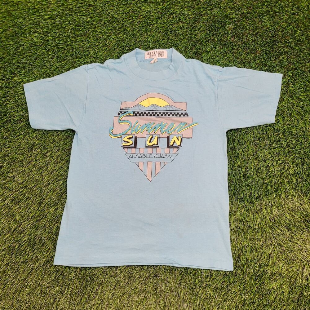 Vintage 90s Summer Sun Shirt Womens S/M 18x25 Blue Souvenir